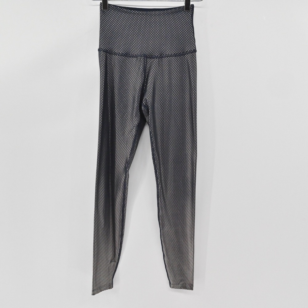 BEYOND YOGA Womens Spot On Metallic Leggings Size S Navy Blue Silver Polka Dot‎